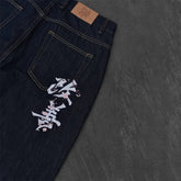 White Chinese Character Pattern Embroidery Pocket High Waist Loose Dark Straight Leg Jeans Y2K Retro Casual Streetwear