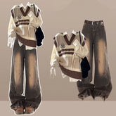 Preppy Style Knit Vest Bandage Shirts Wide Leg Pants Three Piece Set Lady Patchwork Tank Sweater Jeans Suits