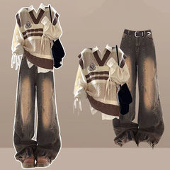 Preppy Style Knit Vest Bandage Shirts Wide Leg Pants Three Piece Set Lady Patchwork Tank Sweater Jeans Suits