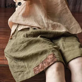 Retro Ethnic Style Patch Oversize Cotton Linen Short Pants Casual High Waist Beach Shorts Pantalones Cortos