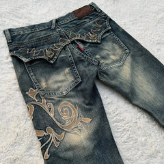 Street Harajuku Heavy Industries Retro Pattern Embroidery Blue Washed Jeans Personalized Casual Splicing Flare Pants