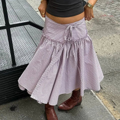 Vintage 2000s Plaid Skirts Casual Tie-Up Low Waist Tiered Ruffles Hem A-Line Midi Skirts Streetwear
