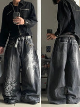 American Oversized Pattern Printed Washed Jeans Y2K Gothic Rock Casual Joker High Waist Wide Leg Pants