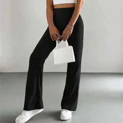 Ribbed Knitted Flare Pant Fashon Slim Solid High Waist Trousers Casual Street Vintage Chic Pants