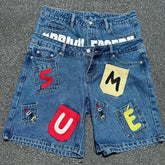 Deeptown Vintage Letter Patchwork Man Short Jeans Y2k Hip Hop Fake Two Pieces American Style Jorts Baggy Streetwear