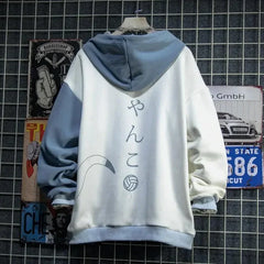 Japanese Style Hoodie Hooded Cute Cat Print Patchwork Teen Hoodies Anime Harajuku Male Sweatshirt