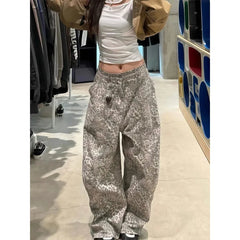 American Retro Stitching Leopard Print Jeans Streetwear Hip-hop Loose Straight Trousers Y2K Wide Leg Denim Pant