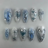 24Pcs Blue Almond Press on Nails with 3D Pearl Design Mid-length Oval False Nails Tips Bow Pattern Wearable Fake Nail