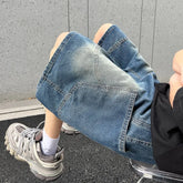 Baggy Denim Shorts Casual Straight Harajuku Jeans Male Vintage Wash Drawstring Short Pants Streetwear