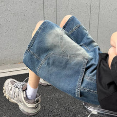 Baggy Denim Shorts Casual Straight Harajuku Jeans Male Vintage Wash Drawstring Short Pants Streetwear