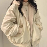 Korean Style Fleece-lined Thickened Double-sided Wear Lamb Wool Cotton-padded Coat Clothing Loose-fit Hooded Top