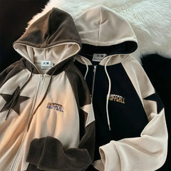 American Retro Star Patch Designs Zipper Hoodie Street Joker Sweatshirt Unisex Stitching Loose Casual Top
