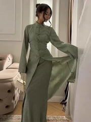 Elegant Top Skirt Sets Chinese Buckle Full Sleeve Long Coat A-line Maxi Skirts Set Lady Suits