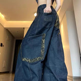 Deeptown Y2K Retro Jeans Big Pocket Scimitar Leopard Wide Leg Denim Cargo Pants Harajuku Baggy Streetwear Trousers