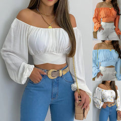 Off Shoulder Shirts Puff Long Sleeve Y2K Crop Tops Clothes Black White Blouse Bandage Elegant Shirt