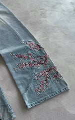 Cherry Blossom Knight All Embroidery Denim Pants Y2k Vintage Baggy Street Straight Jeans High Waisted Washed Blue Jean