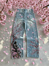 Vintage Cherry Blossom Black Knight Embroidery Jeans Y2k Retro Baggy Straight Denim Pants Blue Wash Jean Clothing Streetwear