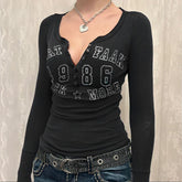 Black T-shirt Letter Print Streetwear Long Sleeves O-Neck Bodycon Top Button Casual Slim Tees Female