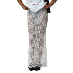 Sheer Lace Floral Long Skirt See-Through Low Rise Wrap Bodycon Skirts