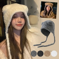 Plush Beanies Cute Bear Ear Wool Hat Warm Lace-up Gorros Knitting Cap Bonnets Protection Bomber Korea Ear Knit X4L2