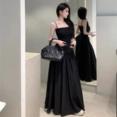 Temperament Apricot Suspender Dress Gentle Vacation Style Waist Cinched Backless Big Swing A-line Long Skirt Q147