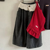 UNITIM 2-8Yrs Kids Girls Jeans Loose Lace Patchwork Children Girls Straight Pants Casual Trendy Infant Babys Girls Denim Pants