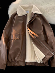 Y2K Lapel Leather Coat Cotton-padded Jacket Coat High Street Vibe Vintage Casual Pilot Jacket Cotton-padded Jacket
