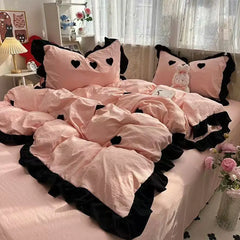 Ins Pink Bow Bedding Set Ruffles Duvet Cover Set Flat Sheet Set Girls Princess Bed Linen Set Single Twin Queen Bedclothes
