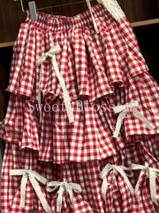 Korean Sweet Fit Chic Plaid Patchwork Skirt Vintage Bow Print Fluffy Skirts Harajuku Y2k Lovely Clothes Spring