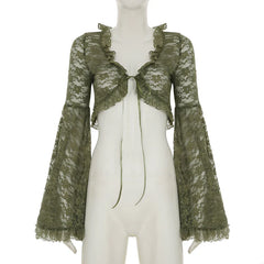 Green Y2K Mori Girl Flared Sleeve Cardigan