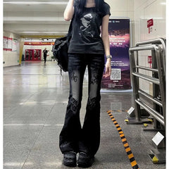 Low Waist Vintage Denim Jeans Printed Elastic Millennium Flared Pants Early Taste Design Classic Long Pants Cotton