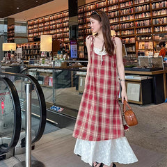 Plaid Fake Two Piece Suspender Dress Retro Loose Long Dress