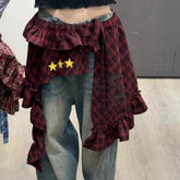 Adjustable Star Layer Outfits Plaid Skirt Hip-hop Sweet Lace Up Hip Scarf Korean Style Y2K Ruffled Edge Waistband Jeans Decor