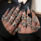 24Pcs/Set Punk Gothic Rings Sets Silver Color Skeleton Spider Poker Joker Eyes Heart Rings