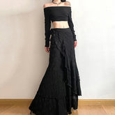 Y2K Black Long Skirt Harajuku Gothic Lace Asymmetrical Maxi Skirts Korean Ruffles Patchwork Bandage Design Faldas