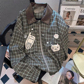 American Sweet Plaid Patchwork Jacket Long Sleeve Fall Zip Loose Coat Harajuku Y2K Casual Lazy Kawaii Street Top