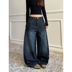 Blue Retro Y2K 2000s Wide Leg Baggy Casual Denim Trouser High Waist Loose Jeans Harajuku Full Length Pants