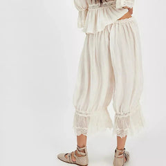 Combhasaki Y2K Loose Fit Bloomers Cropped Pants Drawstring High Waist Floral Lace Patchwork Calf-Length Lantern Trousers