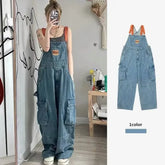 Cool Girl Style Embroidered Spicy Ink Denim Strap Jumpsuits /Large Loose