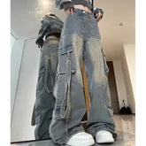 Jean Spliced Pockets Cargo Pants Washed Denim High Waist Full Length Jeans Loose Solid Basics Patchwork Distressed
