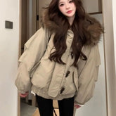 Solid Color Minimalist Horn Button Cotton Coatable Fur Collar Cow Horn Button Quilted Jacket Trendy Cotton Jacket