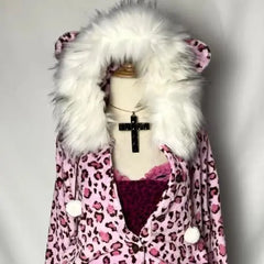 Y2k kawaii pink leopard print plush warm zipper sweatshirt high street Harajuku cute casual zipper hoodie