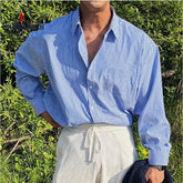 Blue Vertical Striped Long-Sleeved Shirt, Korean Style Casual Shirt Coat