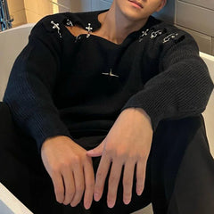 Mens Sweater Buckle Off-Shoulder Sweater Streetwear Youth Campus Versatile Long-Sleeved Top Clothing New