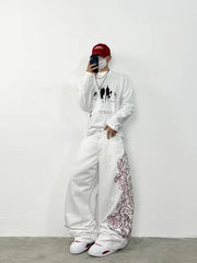 Unisex White Red Tribal Flame Print Loose Wide Leg Jeans Y2K Grunge Streetwear Oversized Denim Pants