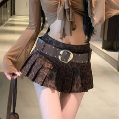 Leopard Print High-waist Short Skirt Y2k Girl Slim Pleated Skirts High Street Retro A-line Skirt