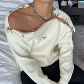 Mens Sweater Buckle Off-Shoulder Sweater Streetwear Youth Campus Versatile Long-Sleeved Top Clothing New