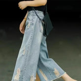 Retro Faded Hole Denim Jeans Thin High Waist Loose Wide Leg Pants Small Size Seven Casual Pants