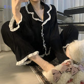Korean Style Cute Pajama Sleepwear Lady Long Sleeve Tops Pants 2Piece Pyjamas Solid Lingeries Sets Nightwear