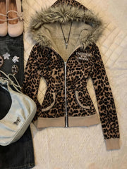 Y2K Girl Harajuku Vintage Leopard Print Slim Fit Sweatshirt Gothic Fur Collar Zipper Long Sleeve Hoodie
